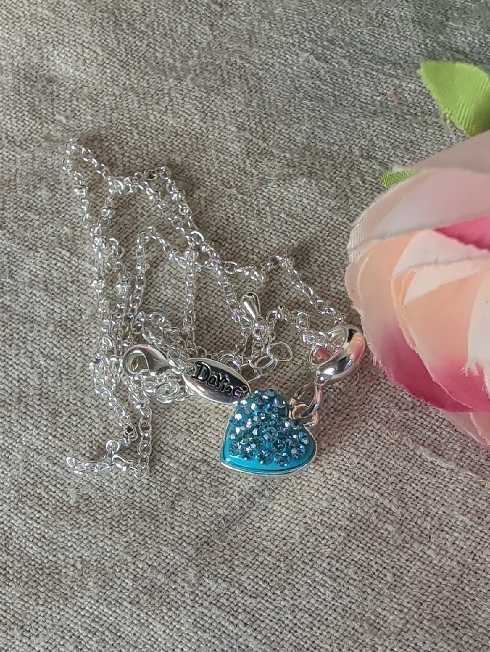 DaVinci Blue Rhinestone Heart Pendant Necklace | Y2K Silver Tone Charm Necklace